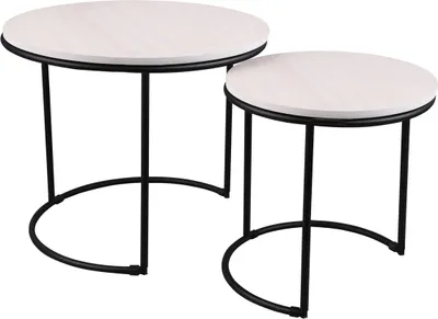Two round nesting tables with white wood-grain tops and black metal frames are shown against a white background.