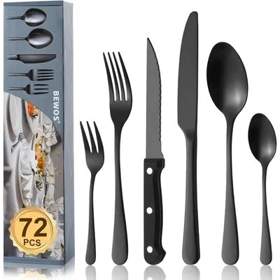 Produktbild von Besteckset 72-teilig für 12 Personen, Edelstahl, Schwarz, Hochglanzpoliert, Spülmaschinenfest