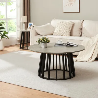 Image de Table basse 'Buzzard' Ø90 x 45 cm avec piètement bambou rond noir/imitation béton