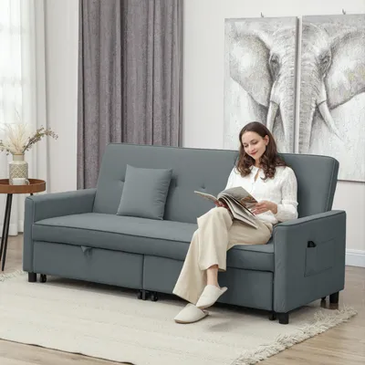 Zdjęcie produktu dla Trójmiejscowa sofa rozkładana z oparciem regulowanym w 3 pozycjach, obita welurem, wymiary: 196x90x89 cm, kolor: szary