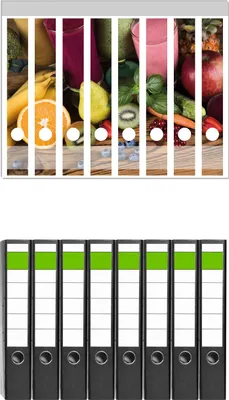 Produktbild von Wallario 8 Stück schmale Ordner inkl. Klebeetiketten mit Motive Bunte Smoothies mit Obst in der Küche -  Set mit Rückenschildern / Ordnerrücken Stickern