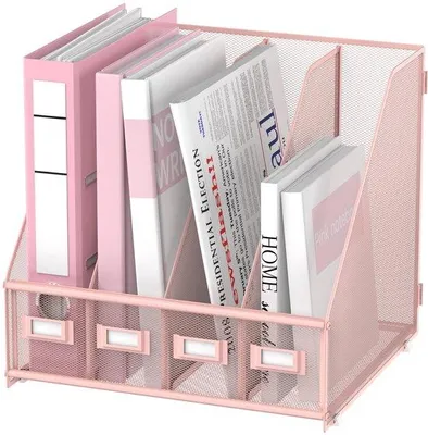 Image de Uniqoos® Porte-documents en métal rose – 4 compartiments, construction métallique robuste, rangement de bureau compact pour dossiers, magazines et documents
