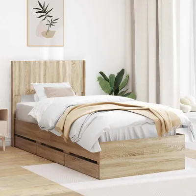 Image de Lit exclusif avec rangement et tête de lit en chêne Sonoma, dimensions 90 x 200 cm