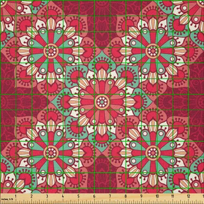 Image de ABAKUHAUS Tissu microfibre Mandala vendu au mètre, motifs floraux ronds aux couleurs vives, ornements folkloriques inspirés du motif Paisley, 2 m (230 x 200 cm), rose Seafoam Peach