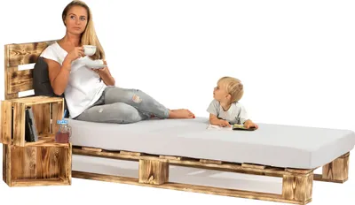 Produktbild von Lermowood Palettenbett 100 x 200 cm mit Kopfteil Geflammt Holzbett Massivholzbett Bett aus Paletten Seniorenbett Kinderbett Jugendbett