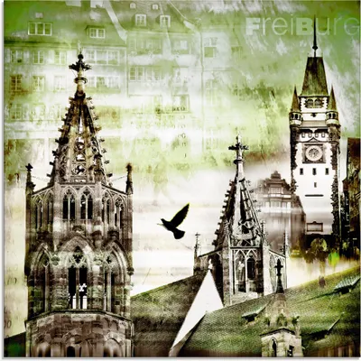 Produktbild von ARTland Glasbild Freiburg Skyline Abstrakte Collage Größe: 20x20 cm