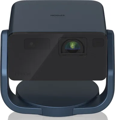 A dark blue Epson mini projector on a matching stand, shown from the front.
