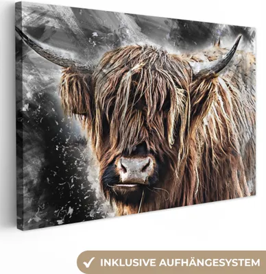 Produktbild von MuchoWow® - Leinwandbilder - Schottischer Highlander - Farbe - Kuh, Wandbild, Wanddeko Bilder Wohnzimmer, 90x60 cm