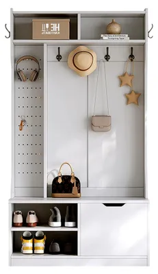 Produktbild von Garderobenset Wandgarderobe mit Sitzbank und Schuhschrank, 100×185,5×40cm, Flurgarderobe mit 4 Offenem Lagerraum für Flur, Wohnzimmer (Weiß)