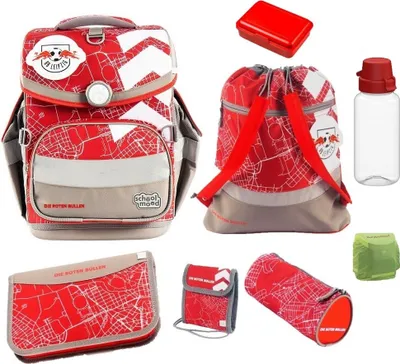 Produktbild von School Mood Fußball Schulranzen für Jungen 1. Klasse Red Bull Leipzig Schultasche im Set 9-teilig mit Dose, Flasche und gefüllter Federmappe