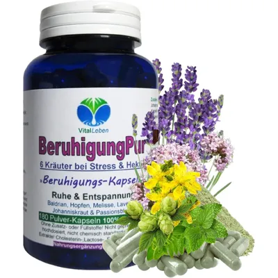 Produktbild von BERUHIGUNG Pur 6 beruhigende Kräuter 180 Kapseln Baldrian Hopfen Melisse Lavendel Johanniskraut Passionsblume - Ruhe & Entspannung NATUR pur.