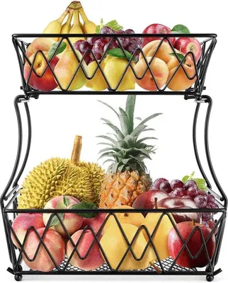 Produktbild von Edle Obstschale aus Holz mit 2 Ebenen und verchromtem Gestell, Gesamthöhe 35 cm