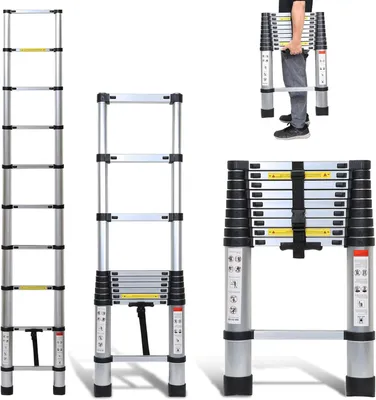 Imagen del producto de Escalera telescópica - Escalera extensible - Para uso interior y exterior - Con gancho desmontable - Altura: 2,6 metros - Aluminio