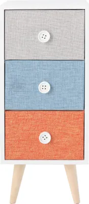 Image de Rebecca Mobili Table de nuit avec 3 tiroirs en bois et tissu, blanc et coloré