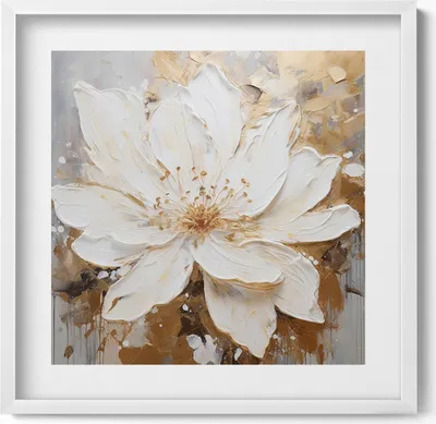 Produktbild von Zarte gemalte Blume– Wandbild mit Rahmen – Gerahmtes Bild  – Wanddekoration – 50x50 cm –  Weiß Rahmen