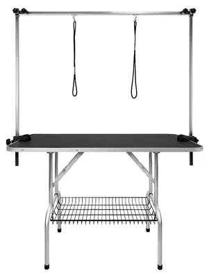 Imagen del producto de Mesa de peluquería canina QEENTOE, 113 x 60 x 76 cm, plegable, con soporte ajustable en altura y dos correas, para perros de hasta 100 kg