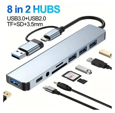 Produktbild von 8-in-2 USB-C & USB-A Hub – Dual-Anschluss Adapter – 4x USB 3.0, SD/MicroSD, AUX, USB-C PD – Für MacBook, PC & USB-C Laptops