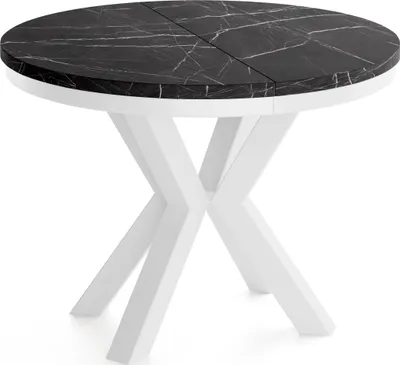Produktbild von Runder Ausziehbarer Esstisch im Loft-Stil - Industrieller Tisch in Schwarzer Marmoroptik mit Weißen Metallbeinen - Platzsparender Tisch für Wohnzimmer - Marmor Schwarz - 100 bis 180 cm