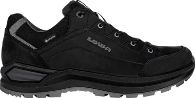 A black LOWA hiking shoe is shown from the side against a white background.