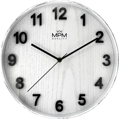 Obrázek produktu pro MPM-Quality Beta – Nástěnné kulaté hodiny plastové se sklem, 3D arabské číslice, bílé, průměr 30.5 cm, quartz strojek, minerální sklíčko