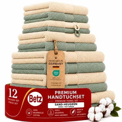 Produktbild von Betz Premium Handtuch-Set 12-teilig – 100% Baumwolle – ®  – hohe Grammatur – Duschtücher, Handtücher, Gästetücher,WH- sand/heugrün, KI-generiertes Bild