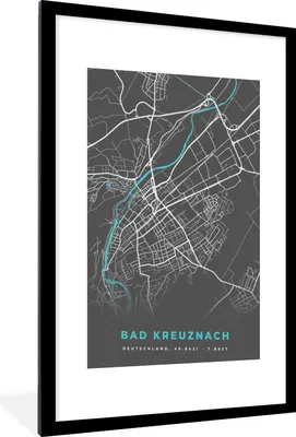 Produktbild von MuchoWow® Gerahmtes Poster Bad Kreuznach - Stadtplan - Blau - Karte - Deutschland 60x90 cm - Poster mit Schwarzem Bilderrahmen Wandposter Rahmen Foto Bilder - Dekoration - Wandposter Wohnzimmer - Hochwertig