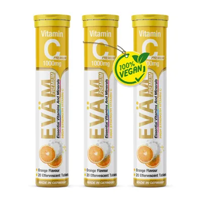 Produktbild von EVÄM Vitamin C 1000 mg Brausetabletten – Immunsystem, Hochdosiert 1250% NRV, Vegan und  Zuckerfrei,  Germany, Orangengeschmack, 3er Pack