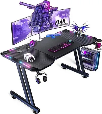 Productafbeelding van Unyqoos® Exxen LED Gaming Bureau, Z-vorm, zwart, 120x60x73 cm, tafelblad van carbonvezel & metalen frame, zeskleurige LED-verlichting met afstandsbediening, draagvermogen van 80 kg, kabeldoorvoer