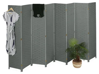 8-teiliger Raumteiler, faltbar, 170x320 cm, Holz/Papiertau, Grau