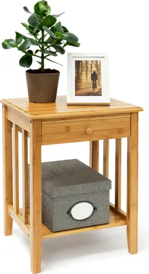 Produktbild von Relaxdays Beistelltisch mit Schublade, HxBxT:51,5x40,5x30,5cm, aus robustem Holz, schmale Nachtkonsole, 2 Ablagen, natur