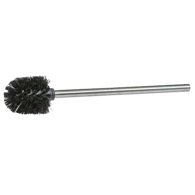 A toilet brush with a black brush head and a silver handle against a white background.
