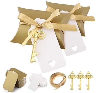 Produktbild von 50 Stück Gastgeschenke Hochzeit für Gäste, Vintage Goldener Schlüssel Flaschenöffner, Kissen Süßigkeitskästen