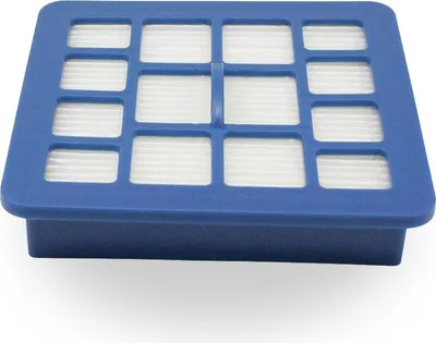 A close-up, studio shot of a blue vacuum cleaner filter with white filter material visible through grid openings.
