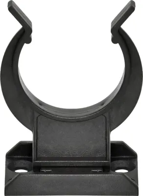 A black plastic cabinet base clip is shown against a white background.