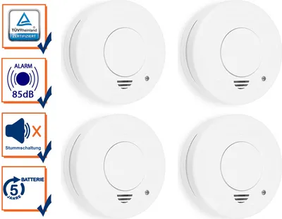 Four white smoke detectors are displayed with informational icons on the left side.
