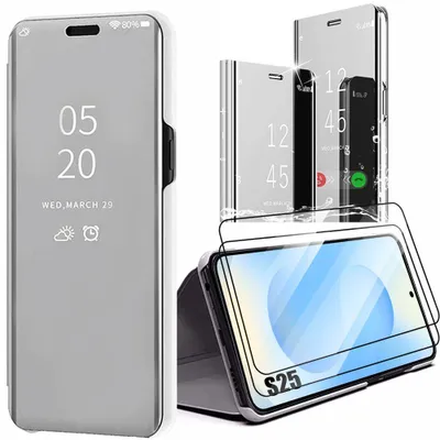 Image de Coque + 2 Verres Trempés pour Samsung Galaxy S25, Protection Intégrale Anti-Rayures Antichoc Effet Miroir - Argenté