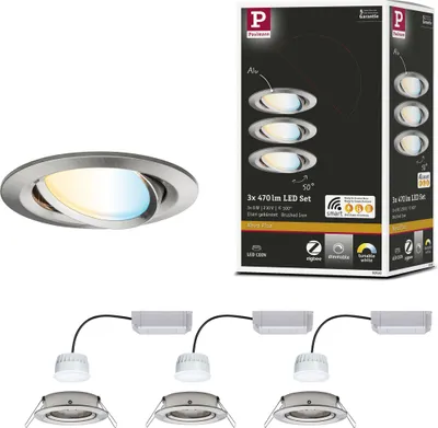 A product shot of a set of LED downlights and its packaging.