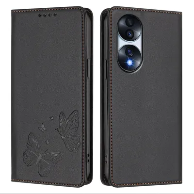 Obrázek produktu pro Kožené pouzdro pro Honor 70, motýlí ražbou, peněženkové flip pouzdro se stojánkem Černá