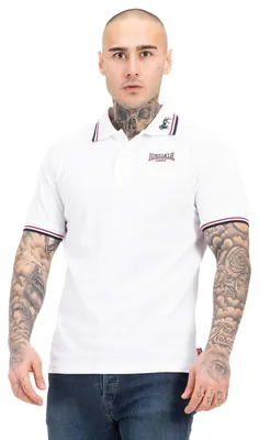 Immagine prodotto di Camicia polo da uomo, vestibilità aderente, marca LION, colore bianco/rosso scuro/blu navy, taglia 5XL, marca Lonsdale