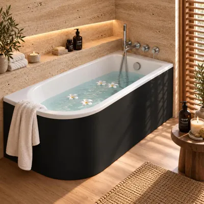 Produktbild von AQUA for you | Badewanne - Besco Jollin - asymmetrische Eckbadewanne - 160x75 cm - rechts - Schwarz matt - mit Acrylschürze, Badewannenverkleidung