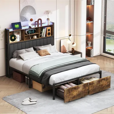 Productafbeelding van Bedframe met led - Tweepersoonsbed met opbergruimte - Slaapkamer organiseren - Hoofdeinde met opbergvakken - 140 x 200 cm