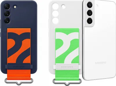 Two Samsung phone cases with straps are displayed side-by-side against a white background.