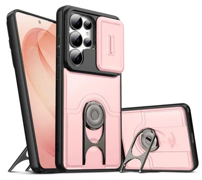 Image de Coque de téléphone pour Samsung Galaxy S26 Ultra avec protection pour l'appareil photo et anneau de fixation/support, coque hybride antichoc rose