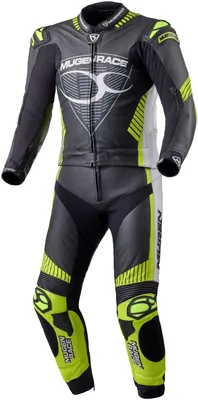 Image de MUGENRACER Impegnato combinaison moto cuir 2 pièces perforée, noir/blanc/jaune fluo, 48