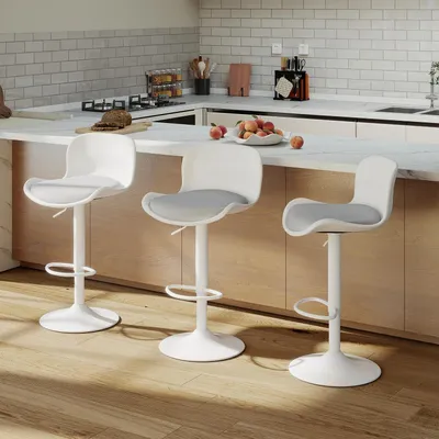 Produktbild von Barhocker 3er Set Höhenverstellbar Kunstleder Rückenlehne Fußstütze Weiß/Grau 61-82cm