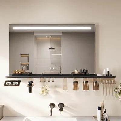 Image de Miroir de salle de bain éclairé, 100x60 cm, miroir de salle de bain LED avec étagère, 120 cm, 3 couleurs de lumière réglables, miroir mural anti-buée avec interrupteur tactile
