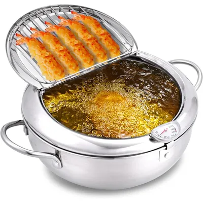 Produktbild von 304 Edelstahl Fritteuse mit Thermometer & Abtropfgitter – 28 cm, 4,2 L, tiefer Frittiertopf mit Deckel für Herd & Induktion