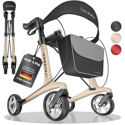 Zdjęcie produktu dla Składany i lekki rollator ELONEO z siedziskiem, lekki rollator podróżny, ultralekki, kolor kremowy – rozmiar L