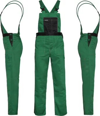Three views of a green pair of work overalls against a white background.