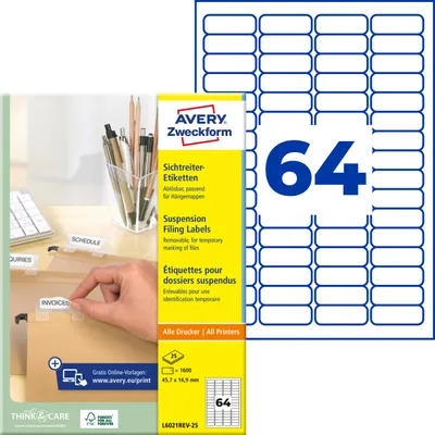 Produktbild von Avery Zweckform L6021REV-25, Sichtreiter-Etiketten, A4, 45,7 x 16,9 mm, 1.600 Etiketten / 25 Bögen, weiß